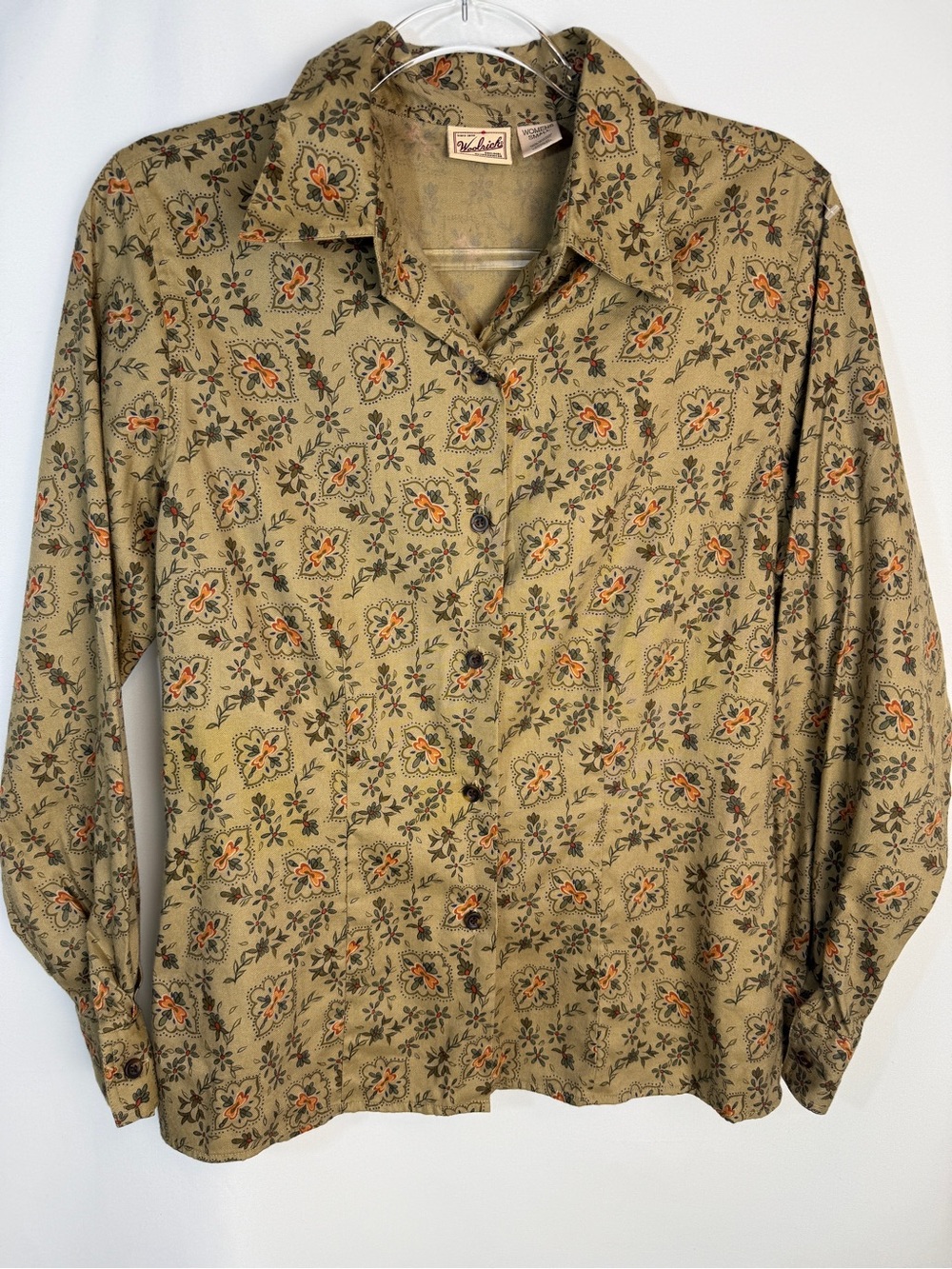 Vintage Woolrich Women's Brown Floral Long Sleeve Button-Front Collared Blouse
